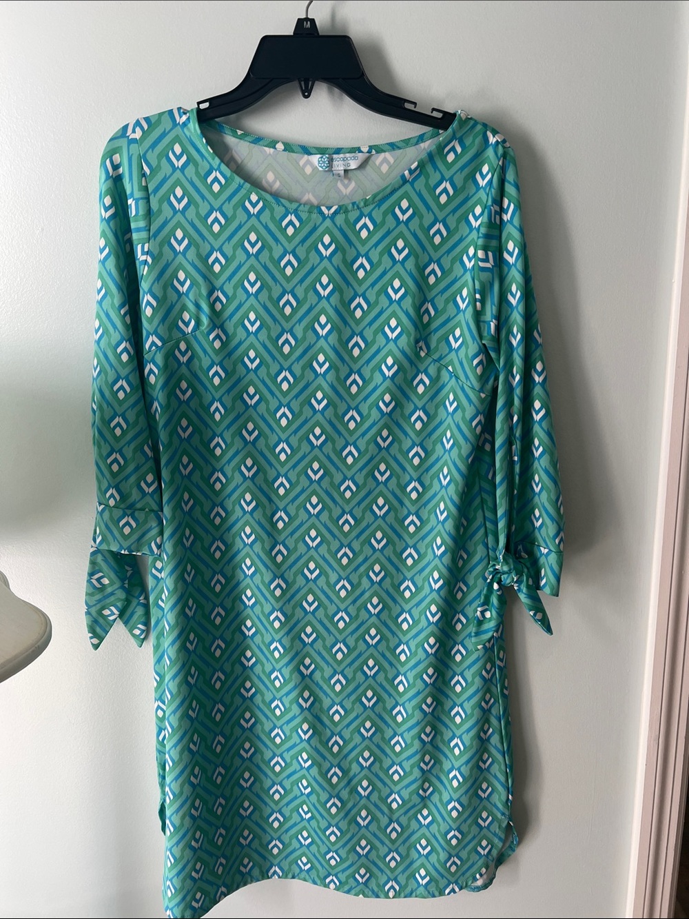 escapada Teal and White Geometric Long Sleeve Tunic Dress